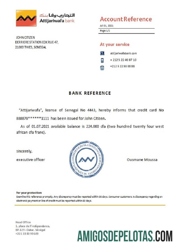 Referência do Banco Attijariwafa do Senegal modelo